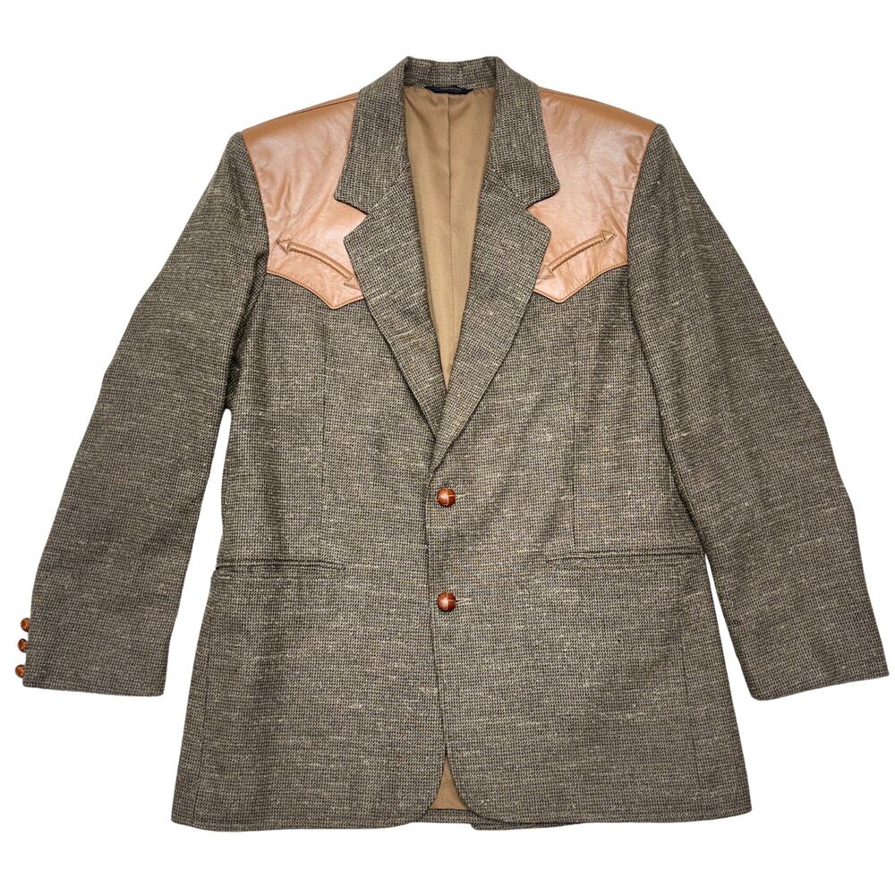 Vintage Pioneer Wear Blazer Sport Coat Mens 40 Saddle Wool Blend Leather Trim